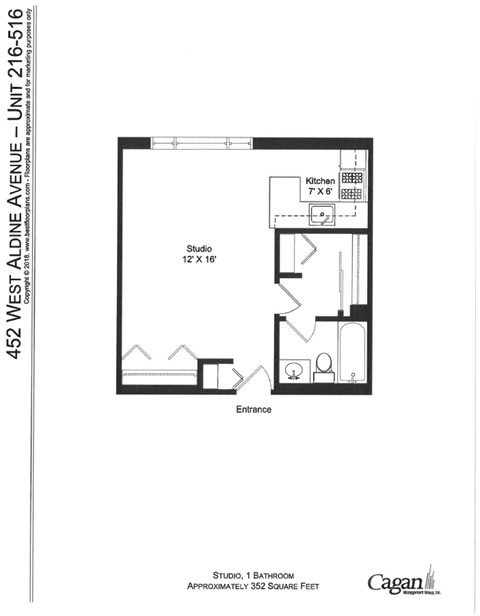 Floor plan for studio, 1 bath, 352 sqft
